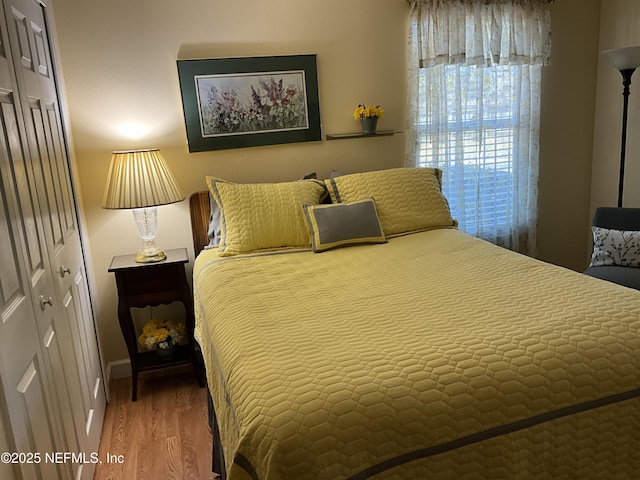 bedroom with hardwood / wood-style floors and a closet