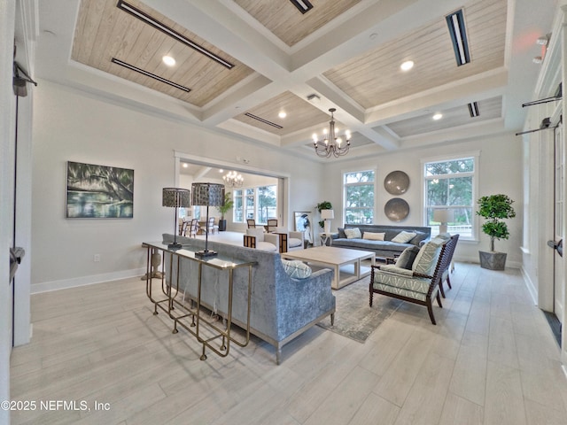 living room featuring an inviting chandelier, wood ceiling, coffered ceiling, and light wood-style flooring