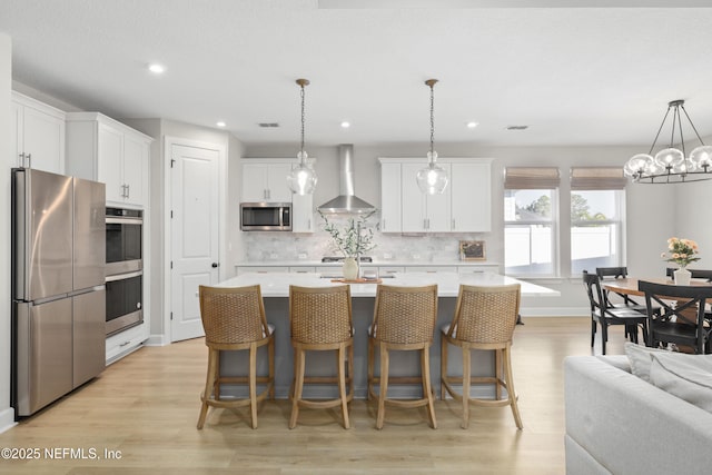 kitchen with light countertops, backsplash, appliances with stainless steel finishes, white cabinets, and wall chimney exhaust hood