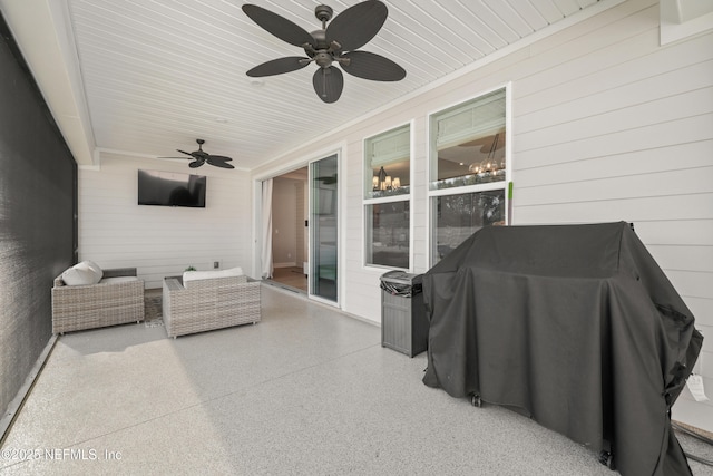 view of patio / terrace with outdoor lounge area, ceiling fan, and area for grilling