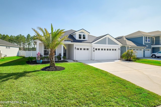 view of front of home featuring a front yard, concrete driveway, fence, and an attached garage