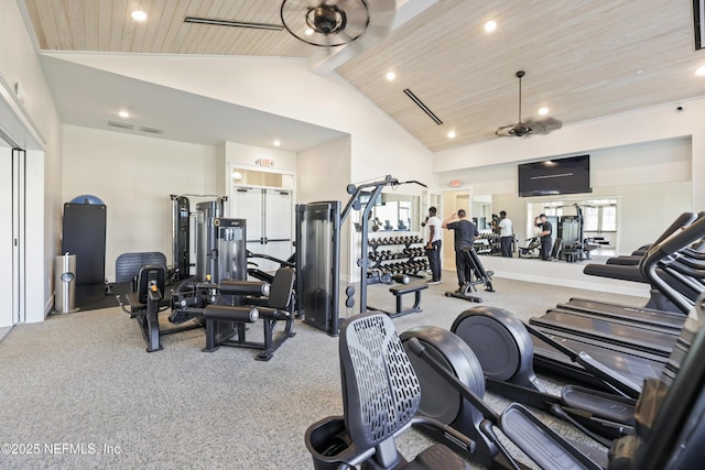 exercise room with wooden ceiling, carpet, high vaulted ceiling, and recessed lighting