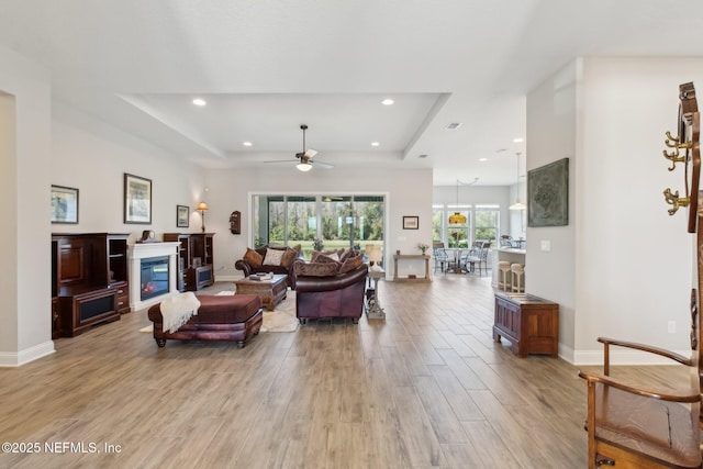 living room with a raised ceiling and light hardwood / wood-style flooring