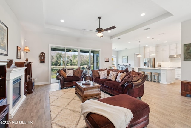 living room with light hardwood / wood-style flooring and a raised ceiling