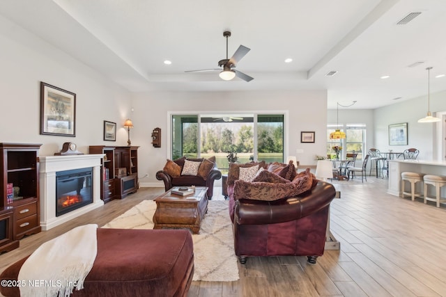 living room with light hardwood / wood-style flooring, plenty of natural light, and a raised ceiling