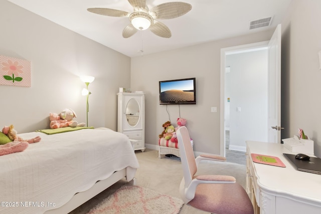 bedroom with light colored carpet and ceiling fan