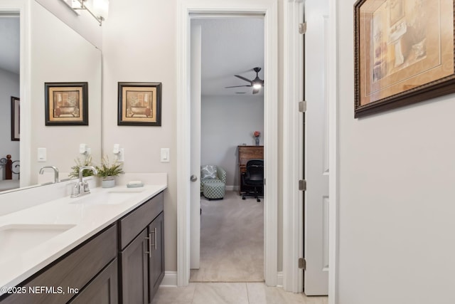 bathroom with vanity, tile patterned floors, and ceiling fan