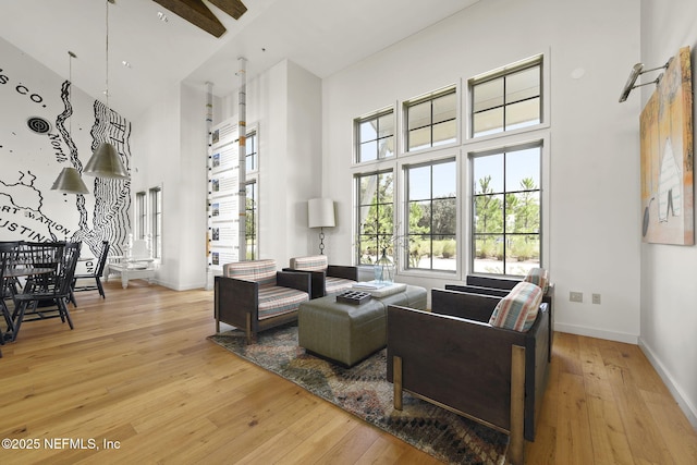 living room featuring light hardwood / wood-style floors and a high ceiling