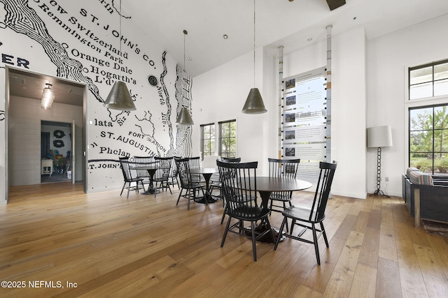 dining room with hardwood / wood-style flooring, a high ceiling, and a wealth of natural light