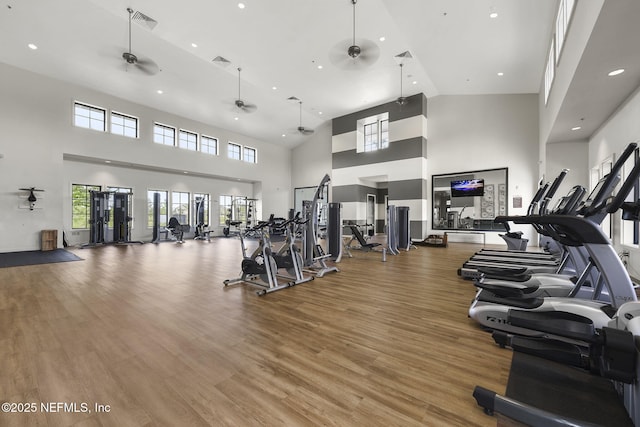 gym featuring a high ceiling, wood-type flooring, and ceiling fan