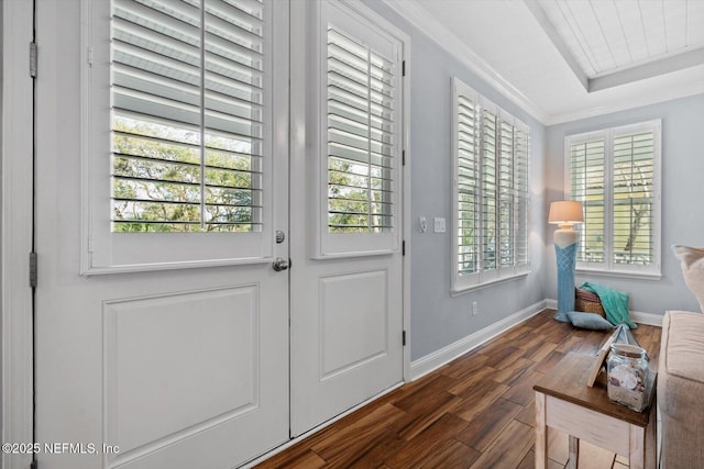 doorway featuring a tray ceiling, crown molding, and dark wood-type flooring