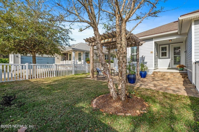 view of yard featuring a pergola and a patio