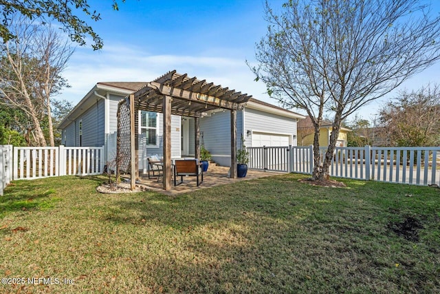 rear view of property with a pergola, a garage, a lawn, and a patio