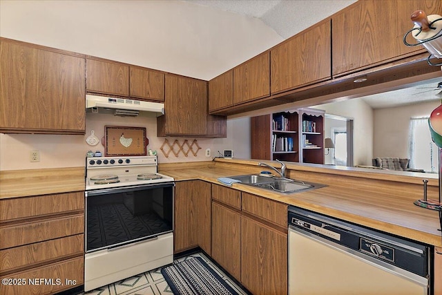 kitchen featuring sink, wooden counters, dishwasher, and white range with electric stovetop