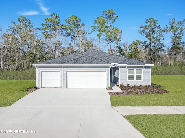 single story home with a garage and a front yard