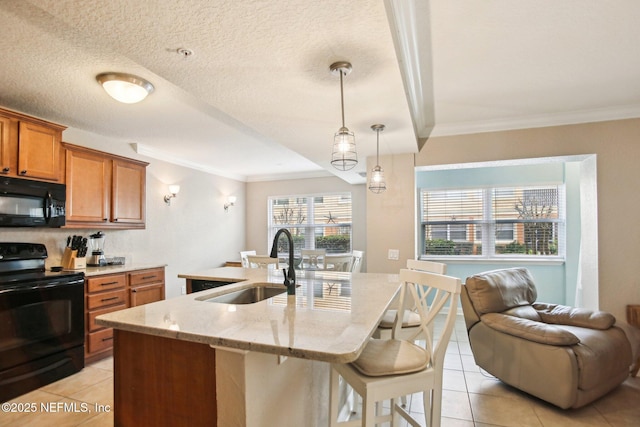 kitchen with sink, hanging light fixtures, a kitchen island with sink, light stone counters, and black appliances