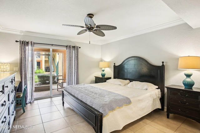 tiled bedroom with crown molding, access to outside, and ceiling fan