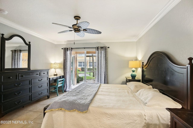 bedroom featuring access to exterior, crown molding, light tile patterned floors, and ceiling fan