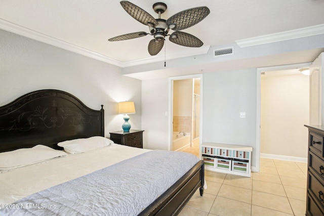 bedroom with ornamental molding, light tile patterned floors, and ceiling fan