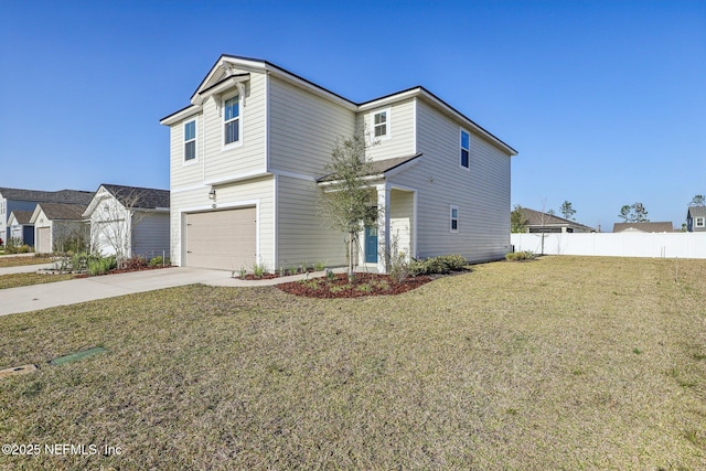 traditional home featuring a garage, a front yard, fence, and driveway