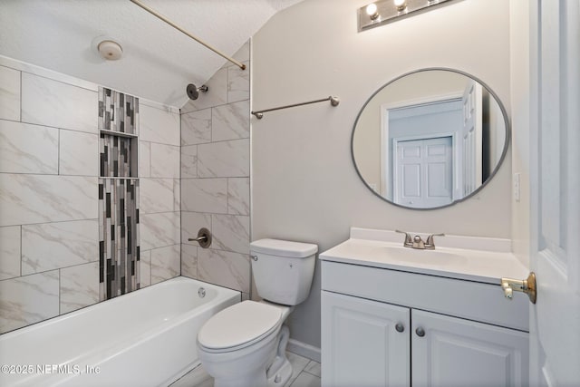 full bathroom with toilet, lofted ceiling,  shower combination, a textured ceiling, and vanity