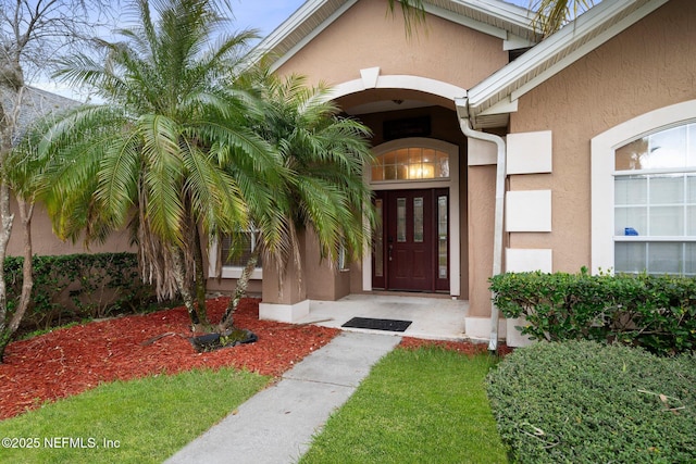 doorway to property with stucco siding