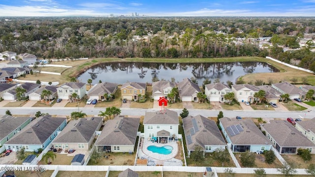 bird's eye view with a water view