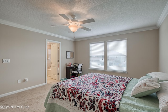 bedroom with crown molding, ensuite bath, ceiling fan, a textured ceiling, and light colored carpet