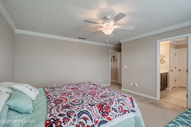 bedroom featuring ornamental molding, light colored carpet, ceiling fan, and a textured ceiling