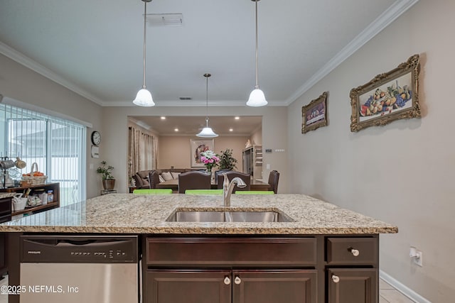 kitchen with sink, ornamental molding, stainless steel dishwasher, dark brown cabinetry, and light stone countertops