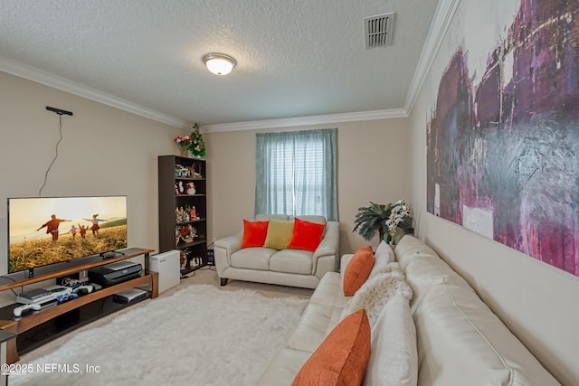 living room with ornamental molding, carpet, and a textured ceiling