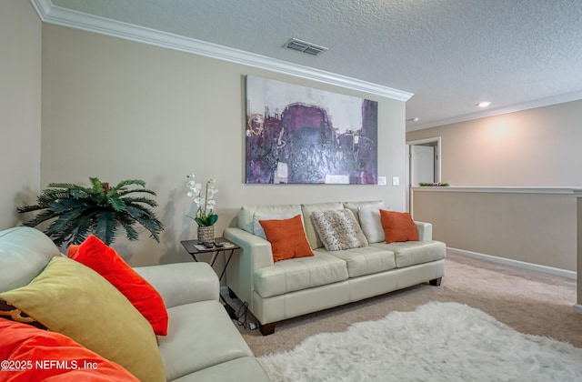 living room with crown molding, light colored carpet, and a textured ceiling