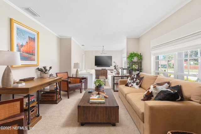 carpeted living room featuring crown molding