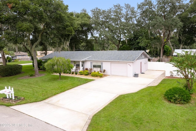 view of front of property with a garage and a front lawn