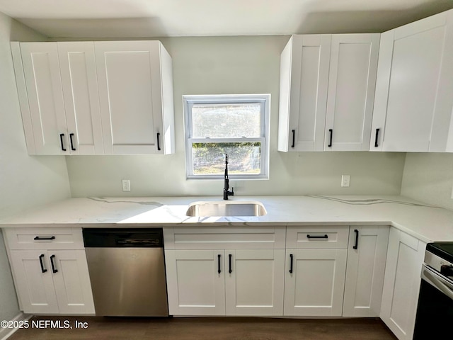 kitchen with stainless steel dishwasher, sink, and white cabinets