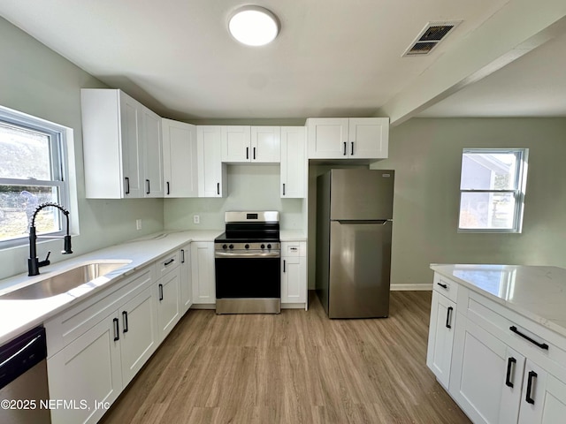 kitchen featuring stainless steel appliances, sink, and white cabinets