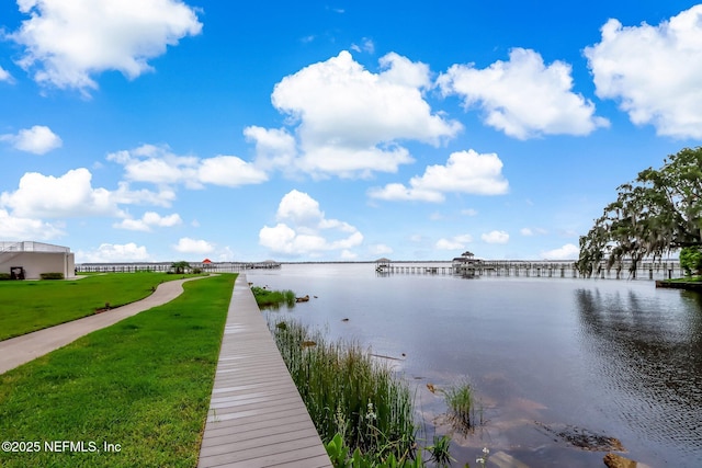 dock area with a water view and a yard