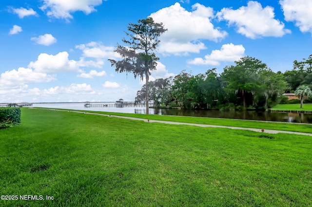 view of home's community featuring a water view and a lawn