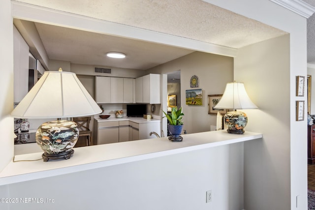 kitchen with kitchen peninsula, a textured ceiling, and white cabinets