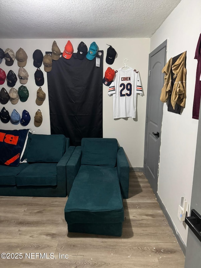 living room with hardwood / wood-style floors and a textured ceiling