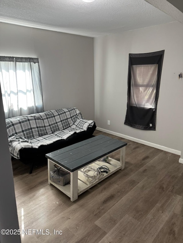 living room with wood-type flooring and a textured ceiling