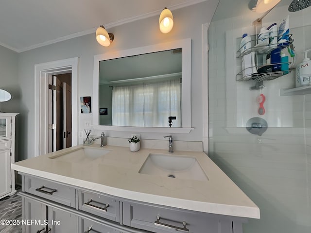 bathroom with vanity, ornamental molding, and walk in shower