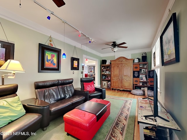 living room featuring ceiling fan and light hardwood / wood-style flooring