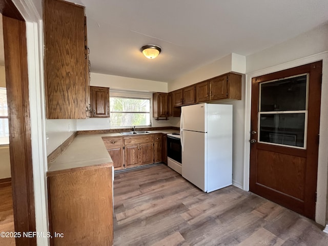 2206 Gillis St, Palatka, FL 32177 - kitchen featuring freestanding refrigerator, light wood-type flooring, light countertops, a sink, and electric range oven