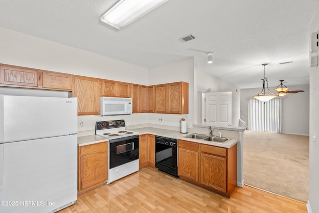 kitchen with sink, a textured ceiling, hanging light fixtures, light hardwood / wood-style flooring, and white appliances