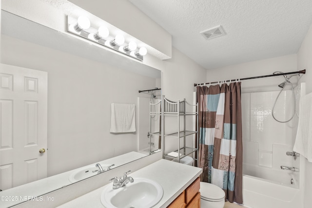 full bathroom with vanity, shower / bathtub combination with curtain, a textured ceiling, and toilet