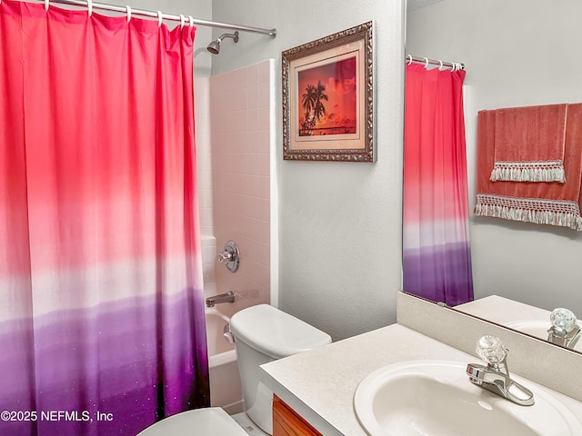 full bathroom with vanity, toilet, and shower / bath combo with shower curtain