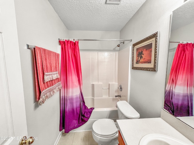 full bathroom featuring vanity, shower / bath combination with curtain, a textured ceiling, and toilet