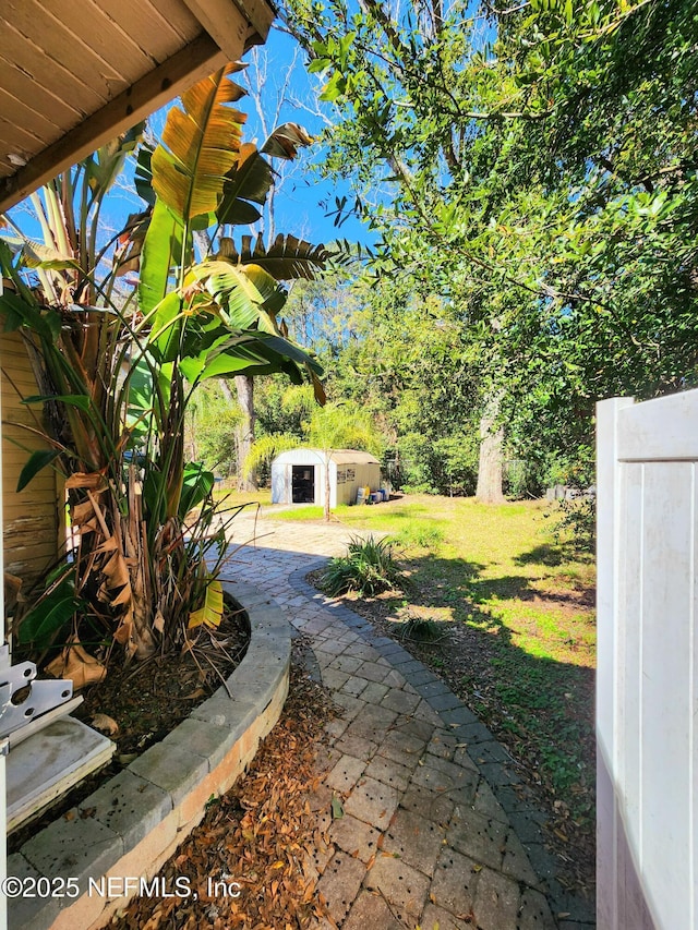 view of yard featuring a shed and a patio