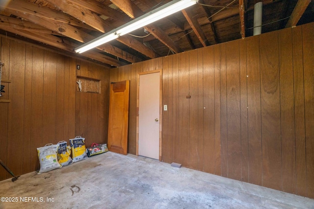 basement featuring wood walls